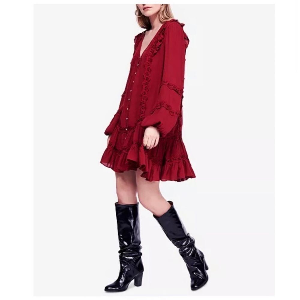 Free People Snow Angel Ruffled Dress In Red - Picture 2 of 8